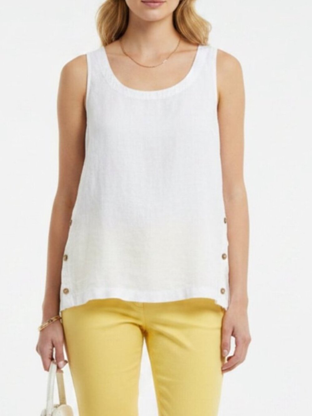Rachel Roy White Sleeveless Button-Side Linen Relaxed Tank Top